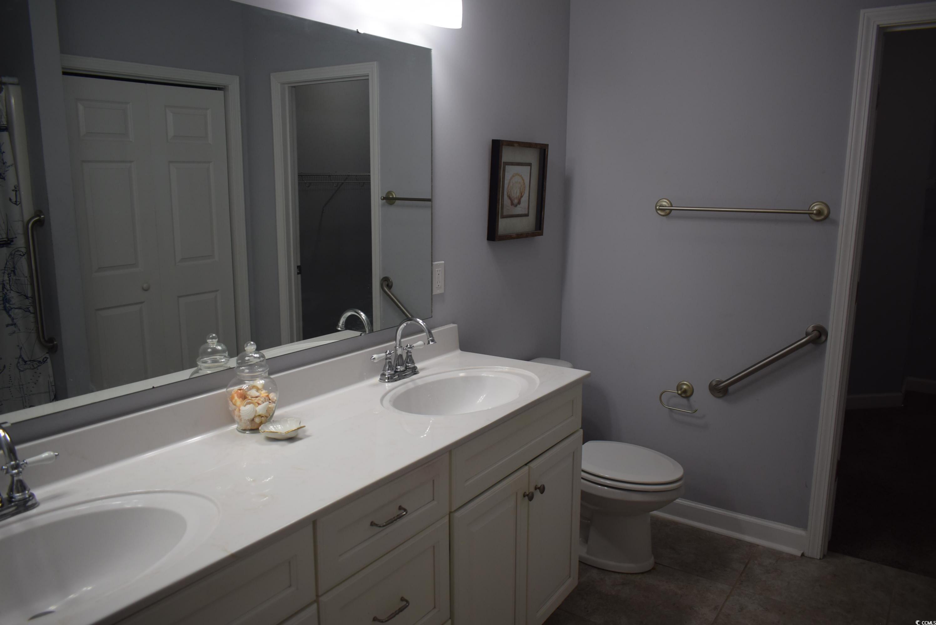 216 Rose Water Loop Myrtle Beach, SC 29588 - Photo 15 of 40 Bathroom with double vanity, a spacious closet, and dark tile patterned floors