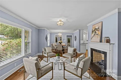 a living room with furniture two couches and a fireplace