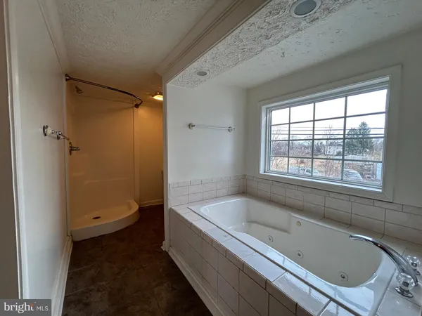 a bathroom with a bathtub and a shower
