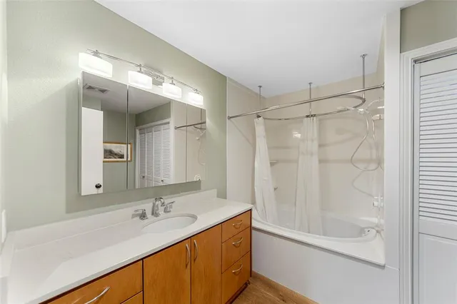 a bathroom with a granite countertop sink mirror and a shower