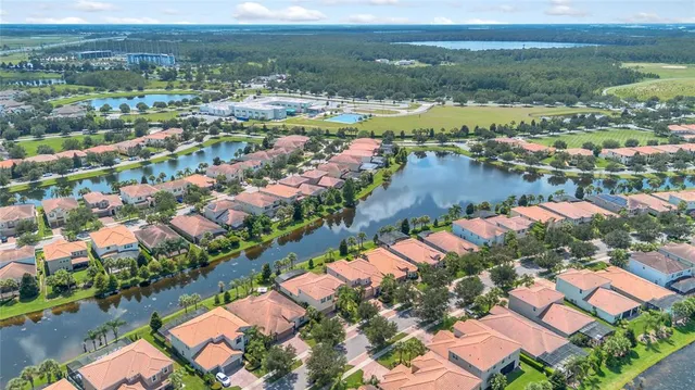 an aerial view of city and lake