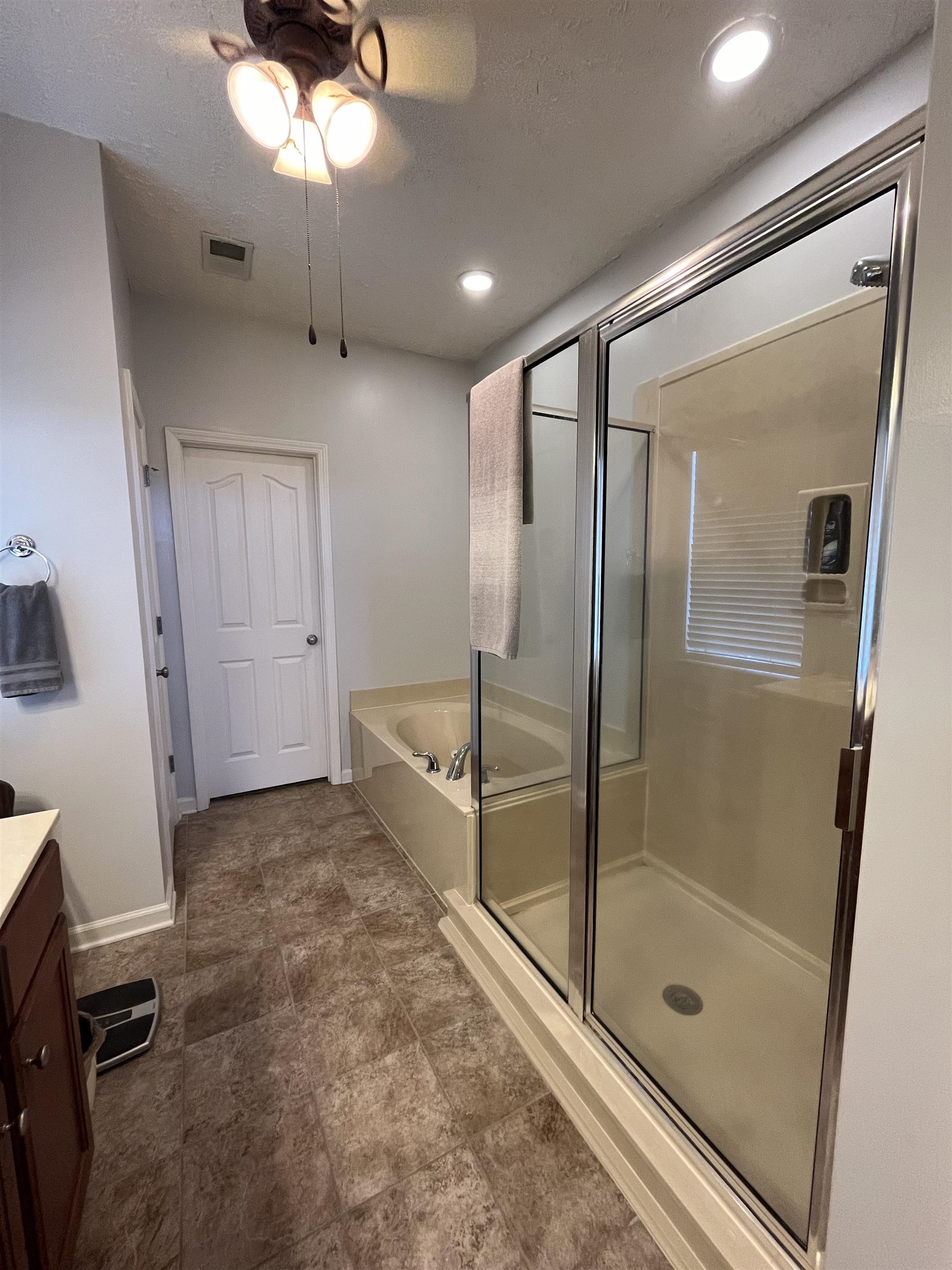 5485 Shipp Road Millington, TN 38053 - Photo 7 of 17 Bathroom with vanity, plus walk in shower, ceiling fan, and tile patterned floors