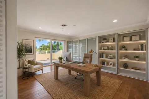 a workspace with wooden floor