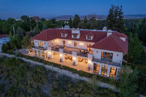 a aerial view of a house with a garden