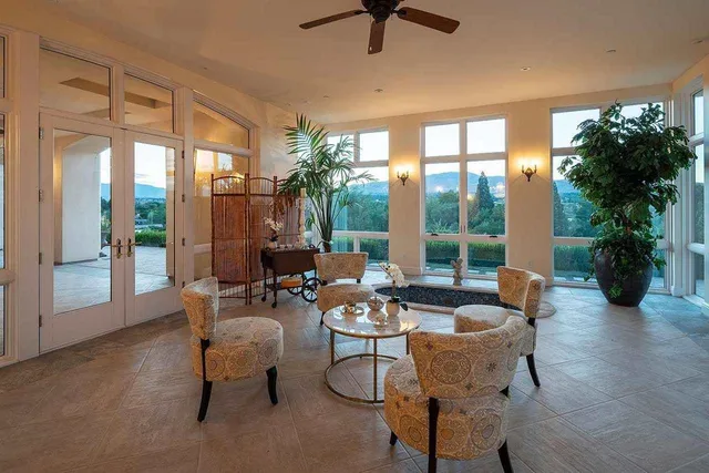a living room with patio furniture and a potted plants
