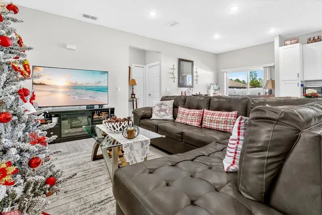 a living room with furniture and a potted plant
