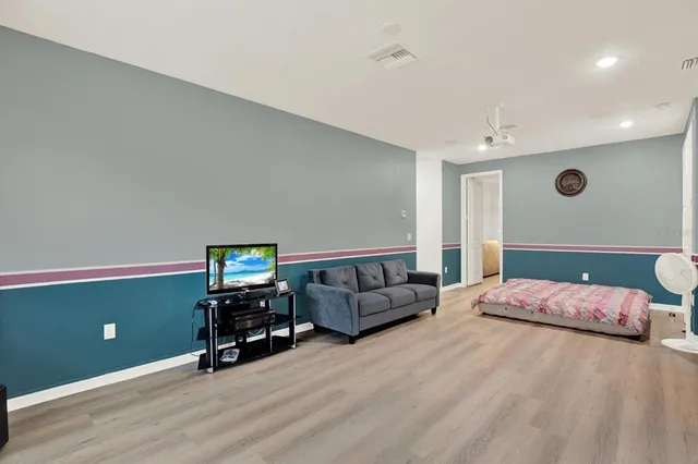 a bedroom with furniture and a wooden floor