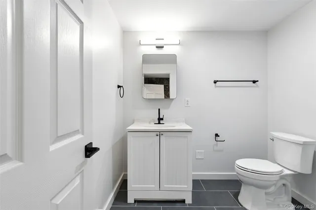 a bathroom with a sink a toilet and mirror