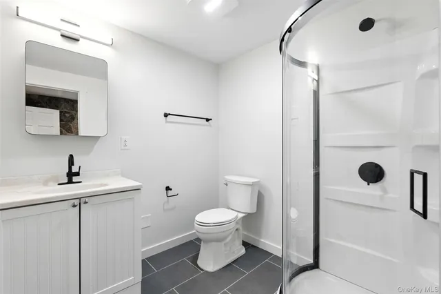 a bathroom with a toilet sink a shower and mirror