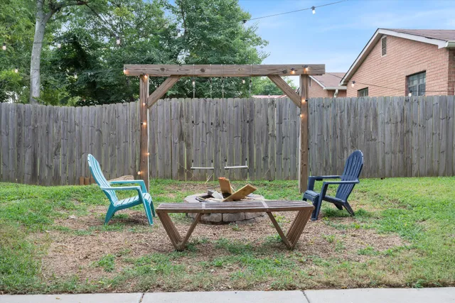 a garden view with a seating space