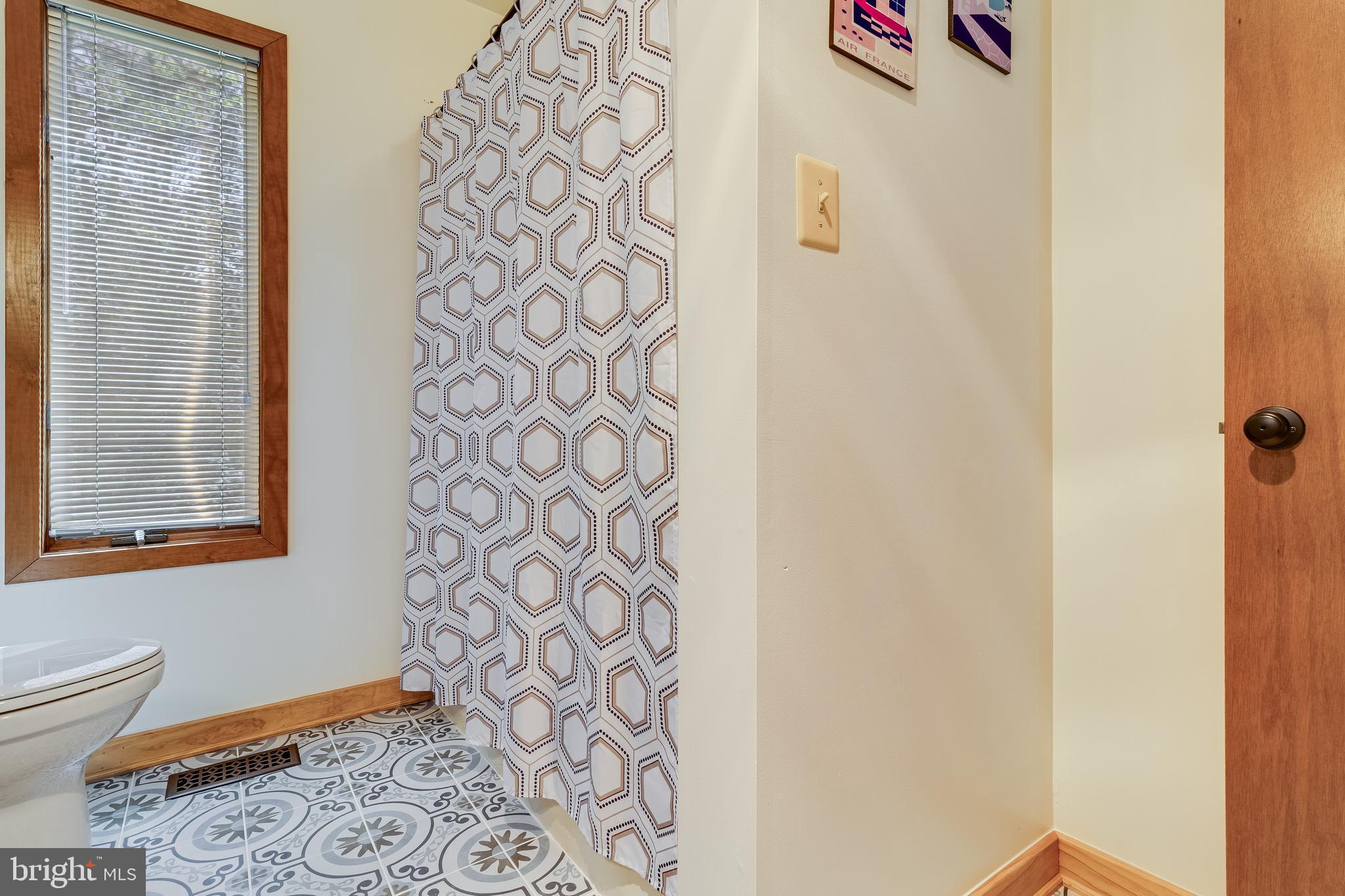 247 Frontier Trail Lusby, MD 20657 - Photo 35 of 62 a bathroom with a toilet and a shower curtain
