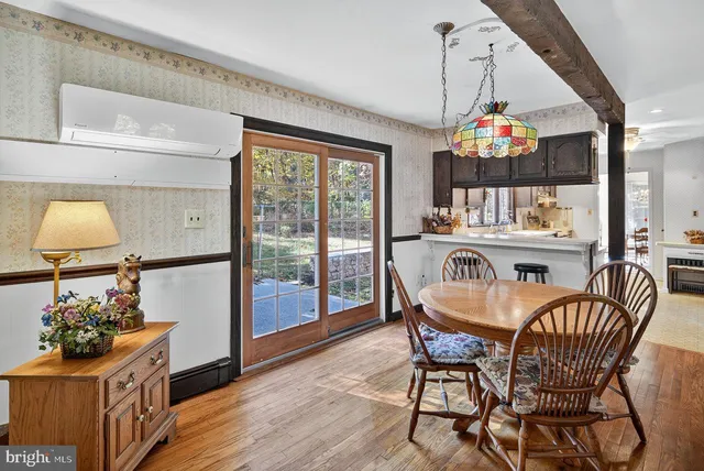 a view of a dining room with furniture window and wooden floor