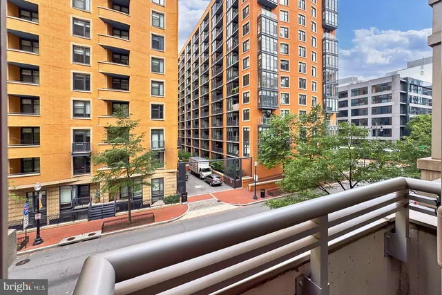 a view of a building from a balcony