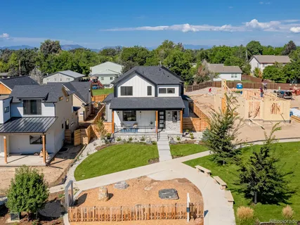 an aerial view of a house with a garden