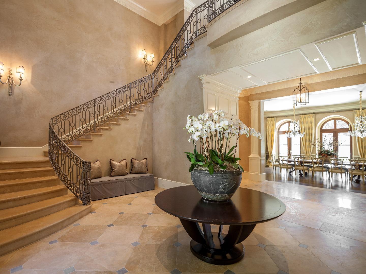1 Faxon Road Atherton, CA 94027 - Photo 7 of 19 a view of a dining room with furniture and a chandelier