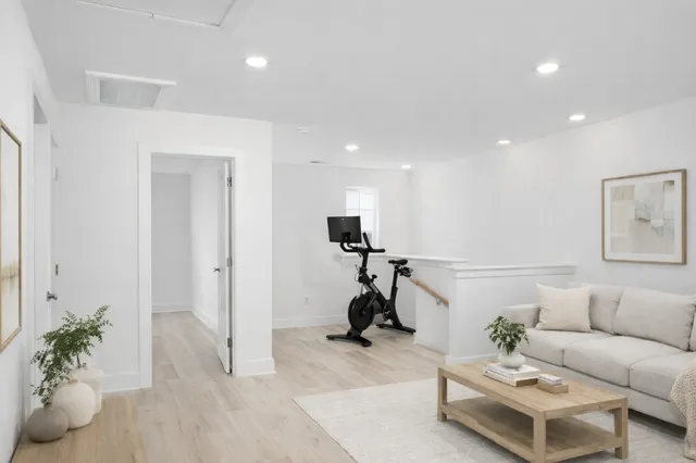 a living room with furniture and a potted plant
