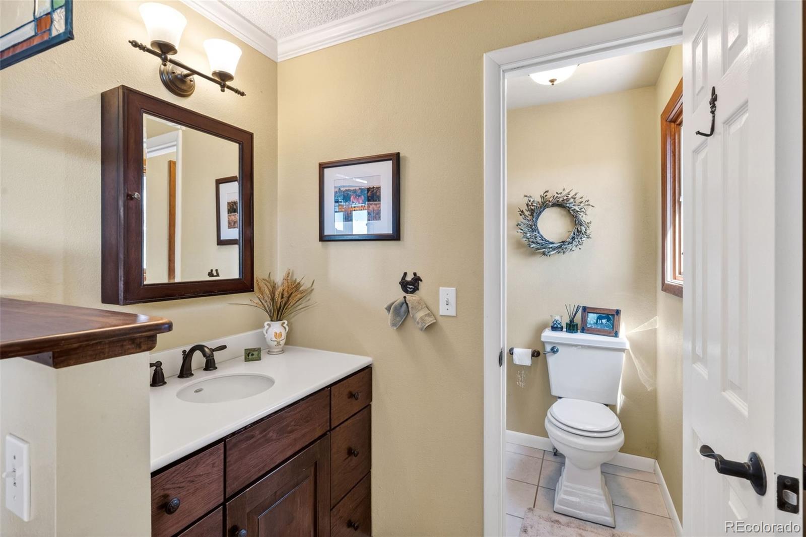 12360 South Mesa View Road Larkspur, CO 80118 - Photo 22 of 50 a bathroom with a toilet a sink and mirror
