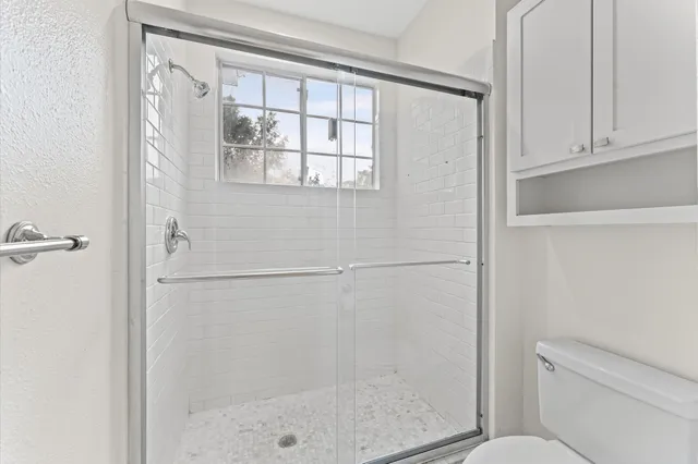 a bathroom with a shower and toilet