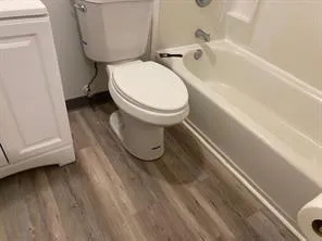 a white toilet sitting next to a bath tub