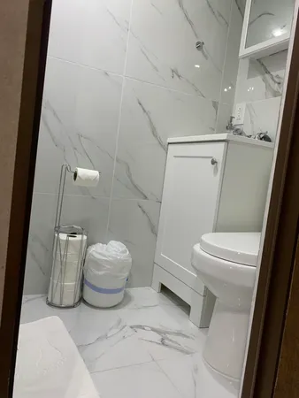 a bathroom with a toilet and a shower