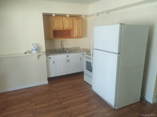 a kitchen with a refrigerator sink stove and cabinets