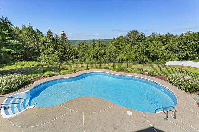 a view of a swimming pool with a patio and a yard