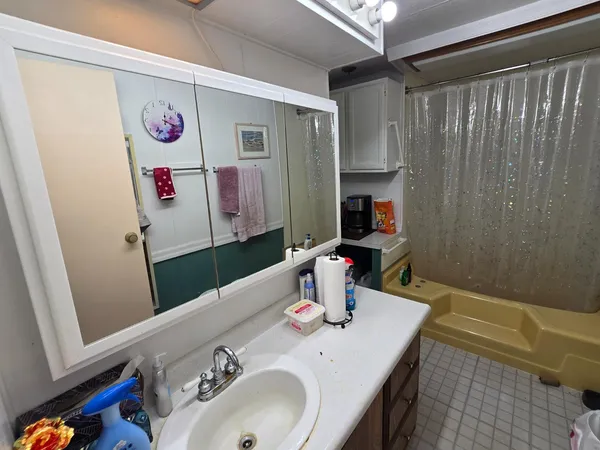 a bathroom with a sink a vanity and a mirror