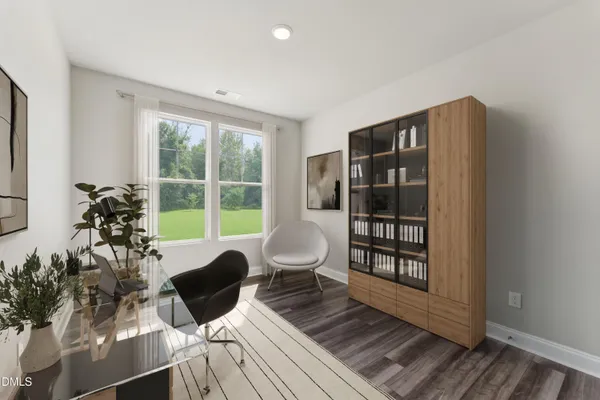 a living room with furniture large window and wooden floor