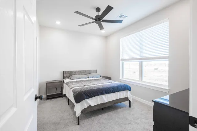 a bedroom with a bed and a ceiling fan
