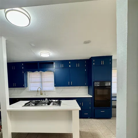 a kitchen with a sink a stove and cabinets