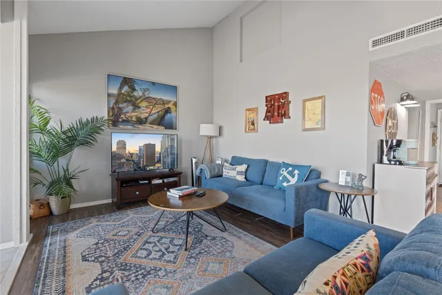 a living room with furniture and a rug