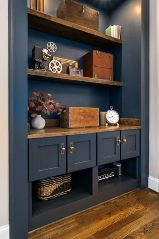 a view of kitchen and dining room with wooden floor