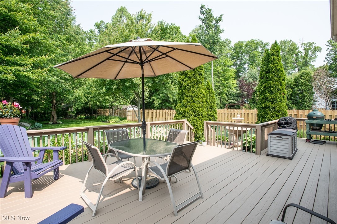 126 Timber Ridge Drive Elyria, OH 44035 - Photo 24 of 49 Deck with outdoor dining area, a fenced backyard, and view of scattered trees