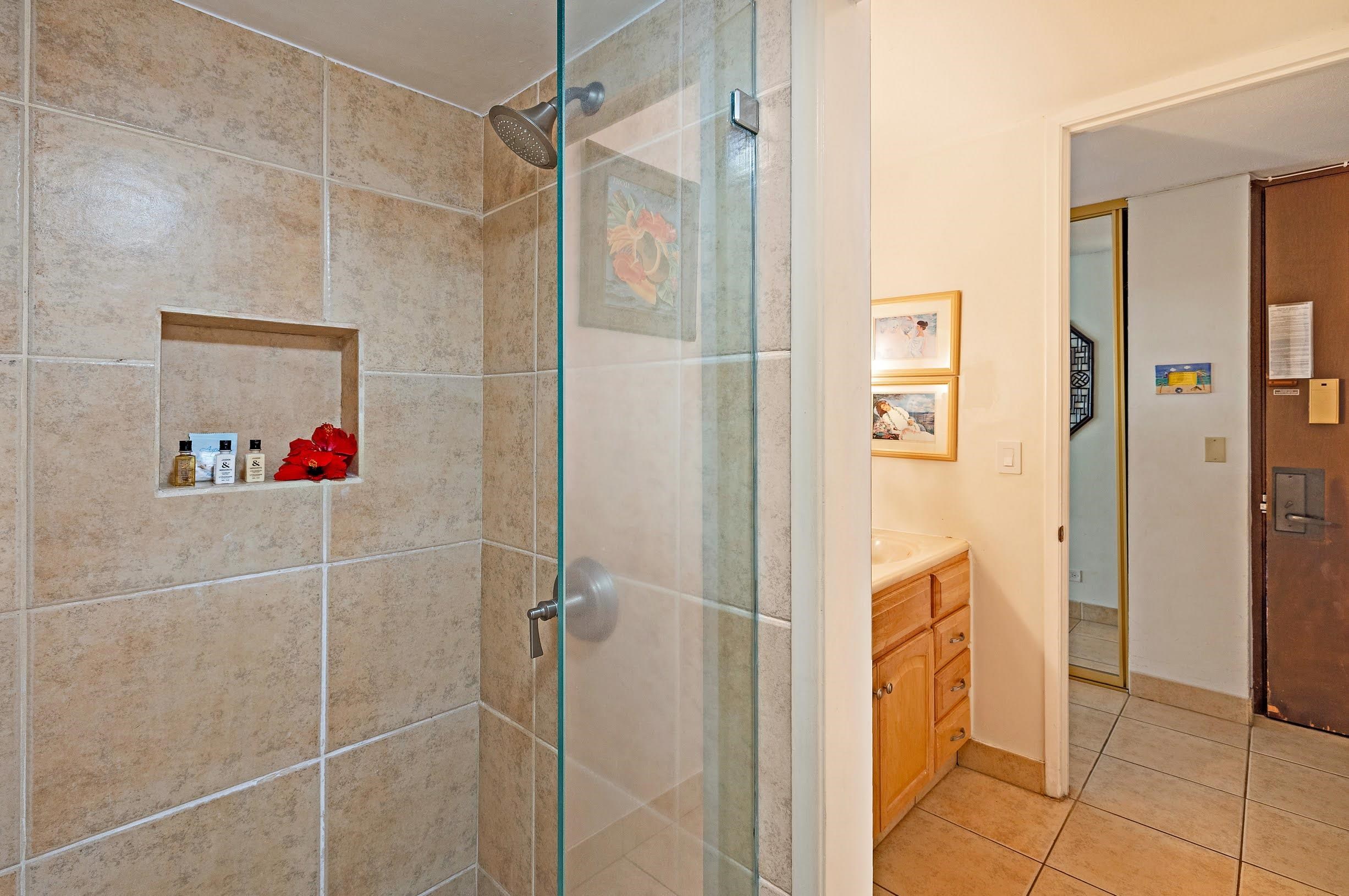 3543 Lower Honoapiilani Road, Unit H201 Lahaina, HI 96761 - Photo 16 of 31 a bathroom with a shower and a glass door