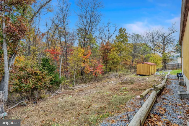 a view of a backyard with wooden fence