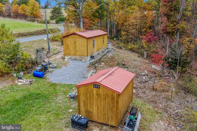 a view of a backyard with plants and a bench