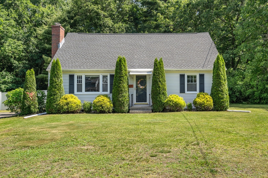 a view of a house with a yard and potted plants