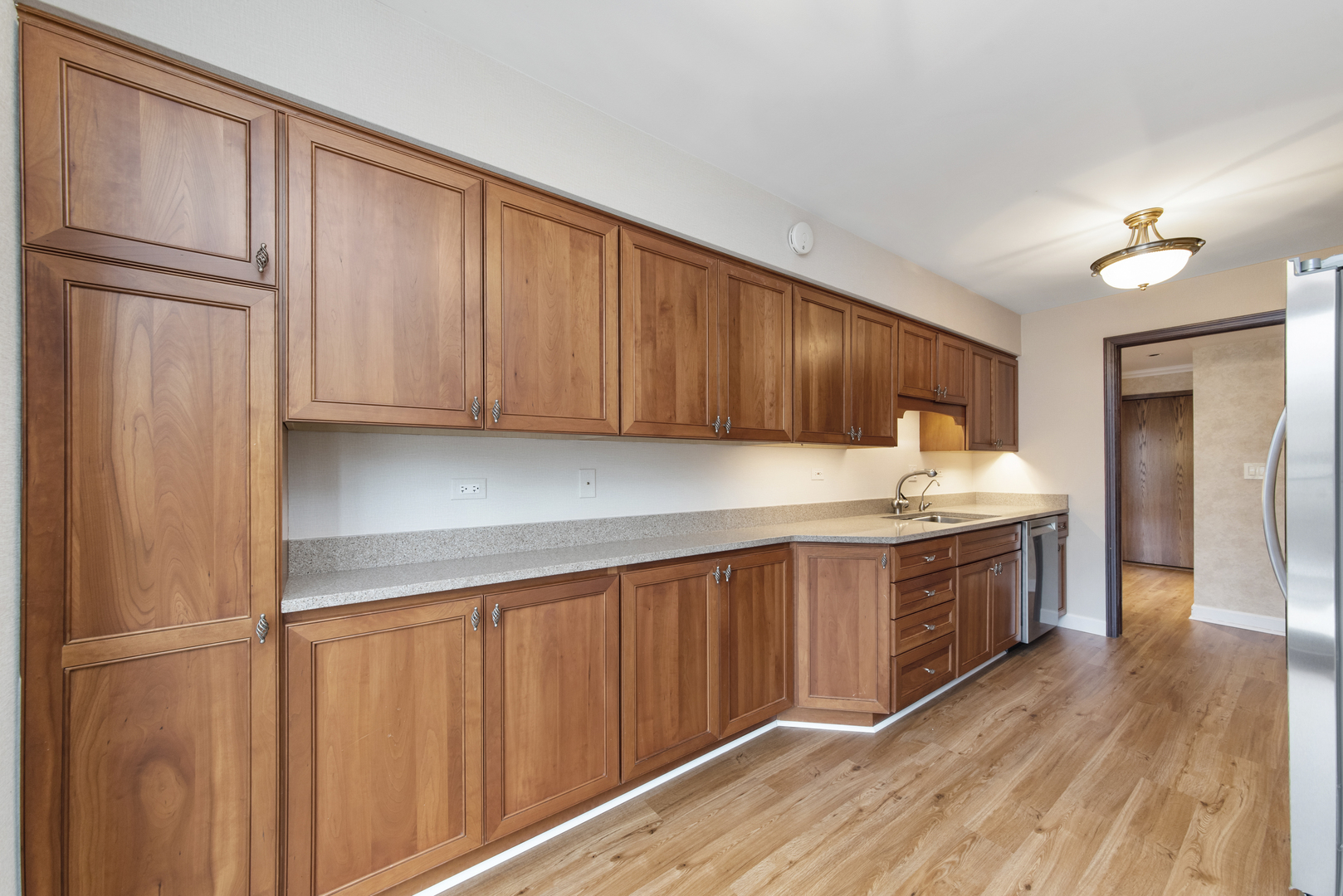 1-s150 Spring Road, Unit 2E Oak Brook, IL 60181 - Photo 5 of 22 a kitchen with granite countertop wooden cabinets and a sink