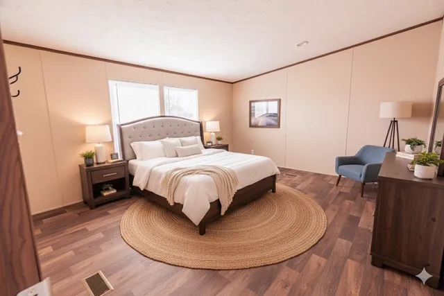 a bedroom with a bed lamp and a large window