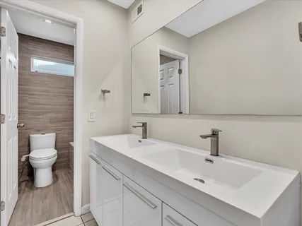 a bathroom with a sink a toilet and a mirror