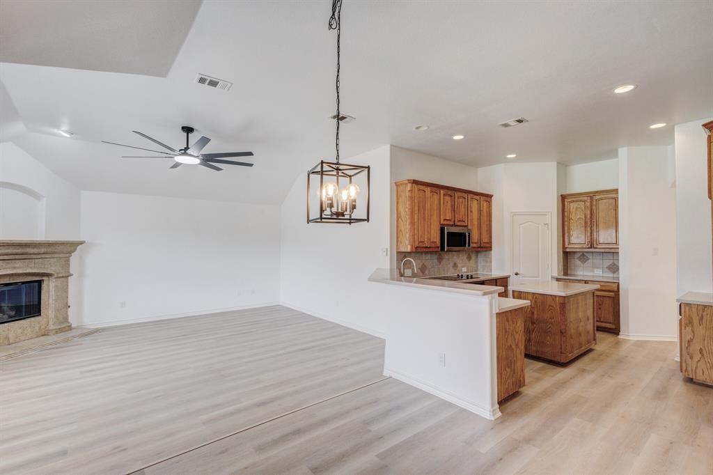 12405 Ark Road Frisco, TX 75035 - Photo 34 of 34 Kitchen with a ceiling fan, open floor plan, wood finish cabinetry, light countertops, and a premium fireplace