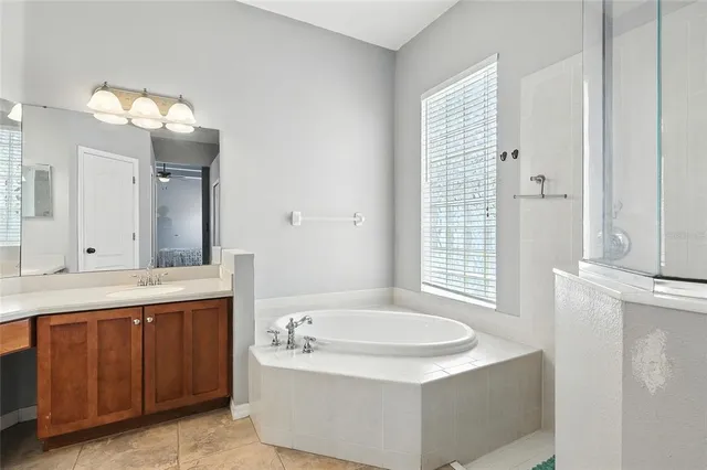 a bathroom with a tub sink and mirror