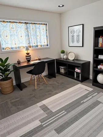 a living room with furniture potted plant and a table