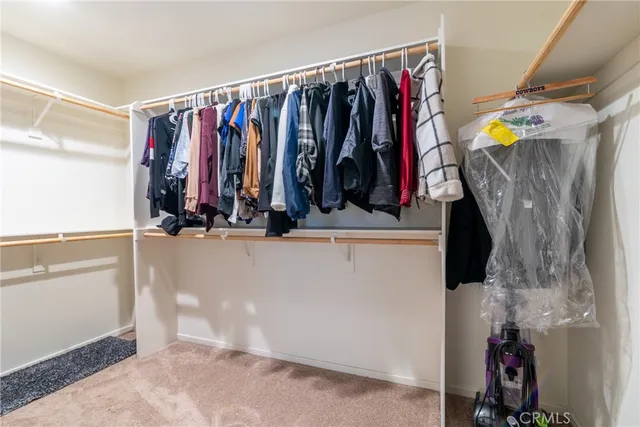 a view of walk in closet with clothes and shoes