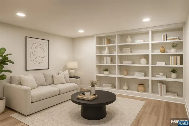 a living room with furniture and a book shelf
