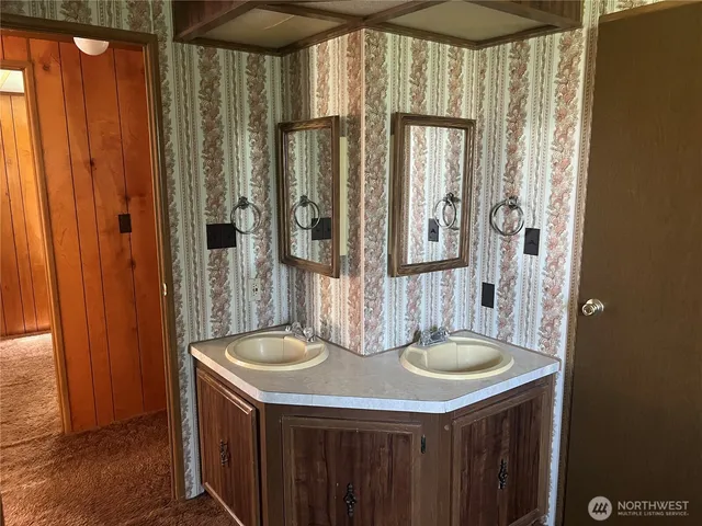 a bathroom with a sink a mirror and a shower