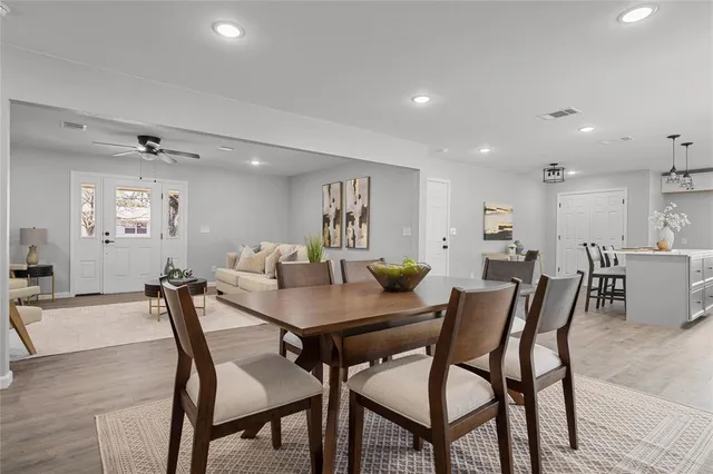 a view of a dining room with furniture