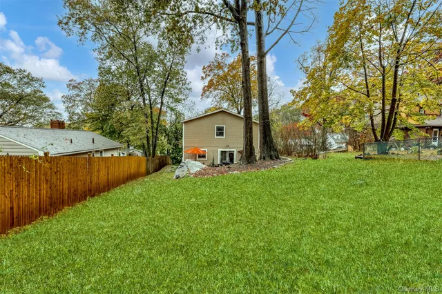 a backyard of a house with table and chairs