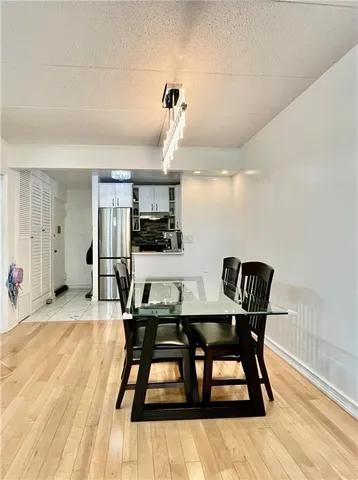 a view of a dining room with furniture