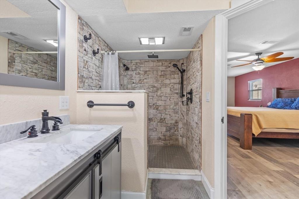 7226 Alafia Ridge Loop Riverview, FL 33569 - Photo 22 of 51 a en suite bathroom with a granite countertop sink a mirror and shower